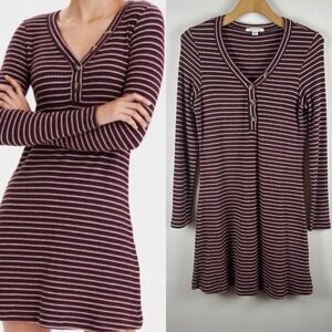Striped V-Neck Long Sleeve Sweater Dress - Plum/Pink